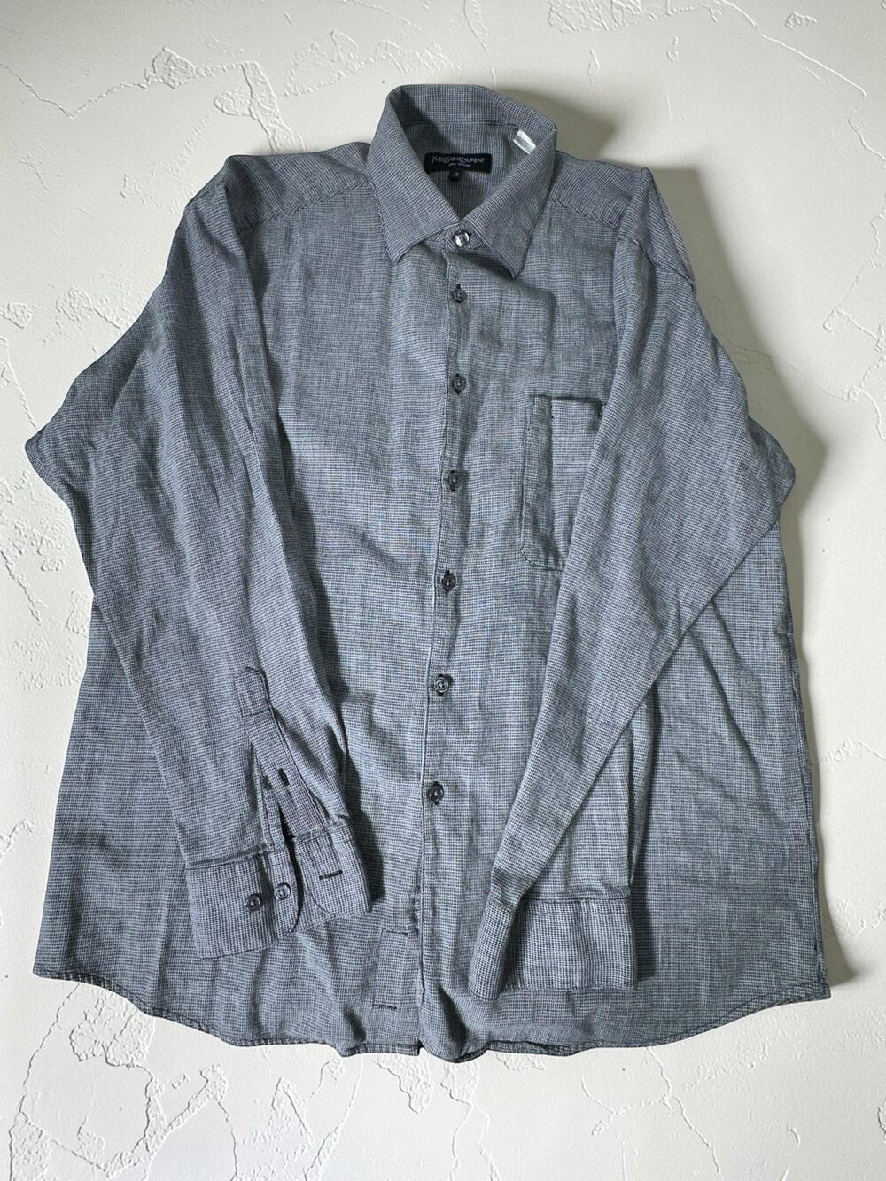 Yves Saint Laurent Dress Shirt Mens Large Black Check Button Down Long Sleeve